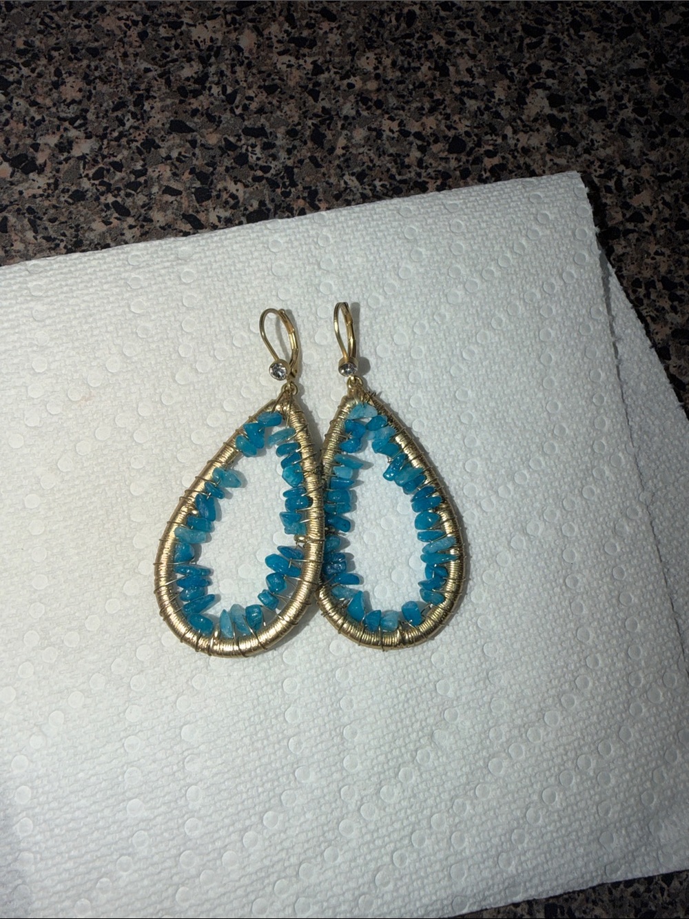 Gold Teardrop Earrings with Turquoise Blue Chip Beads